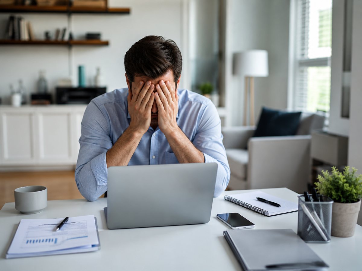 Frustrated business owner trying to build a website on a laptop